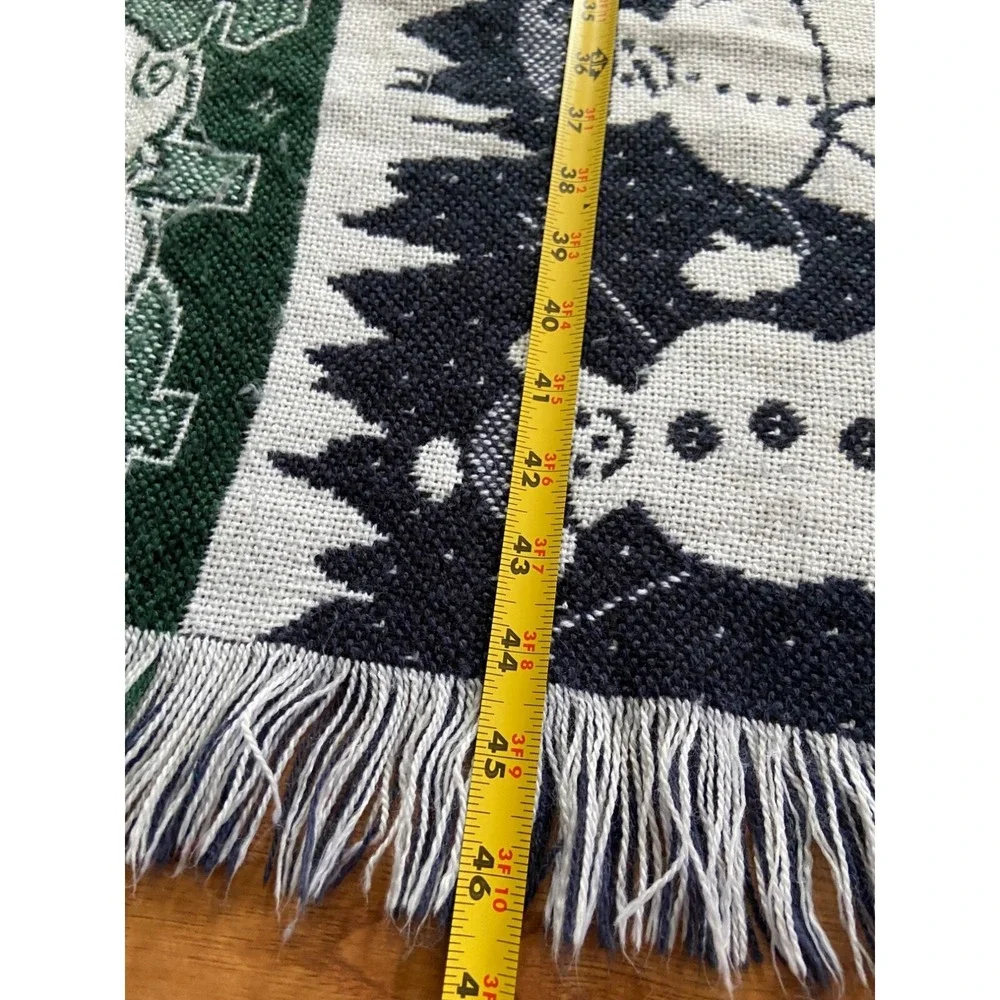 Woven Christmas Throw Blanket Snowman Tree Pattern Blue Green Fringe Winter Holi